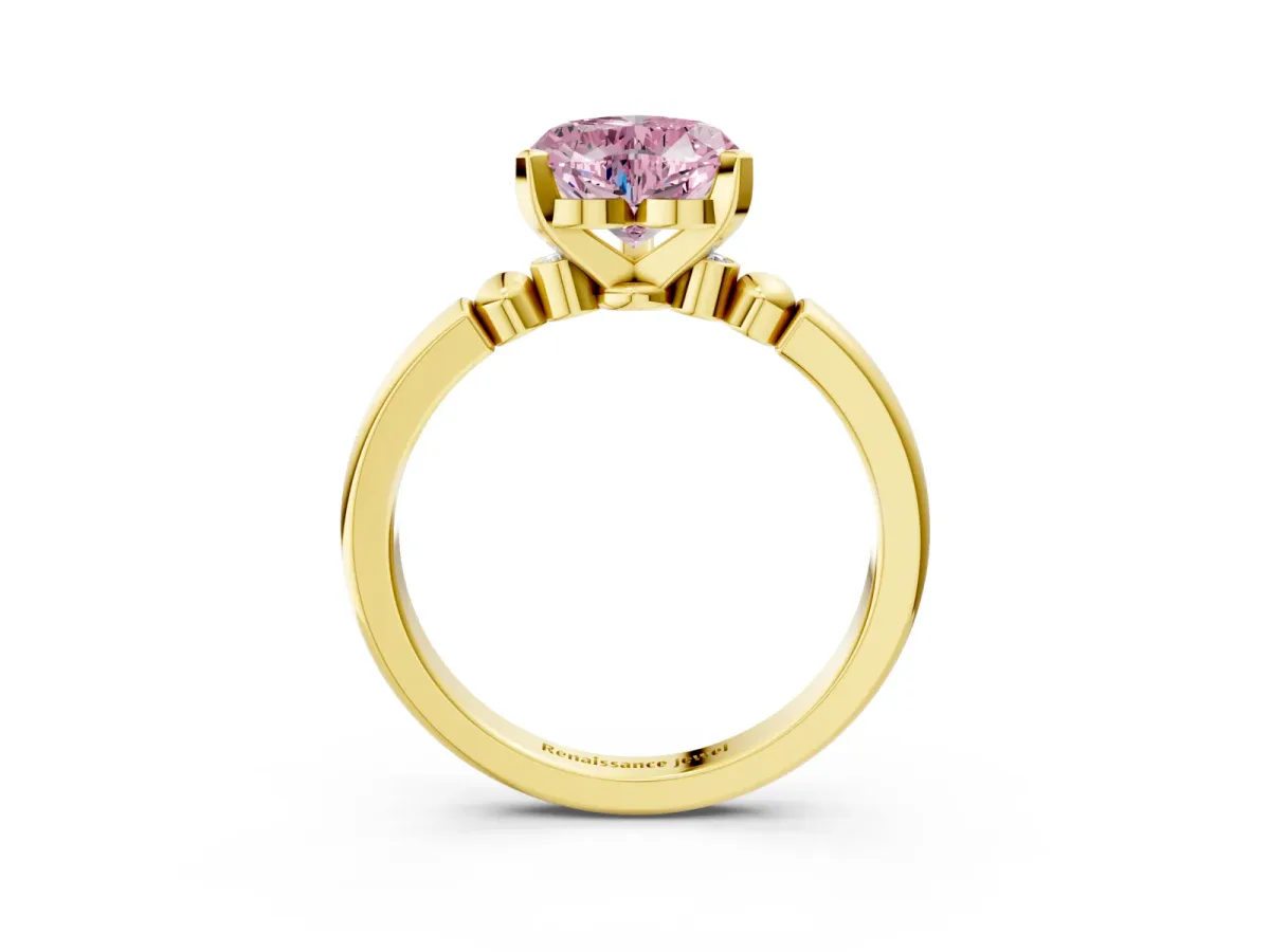 Fancy Pink Heart Cut Solitaire Beaded Band with Four-Prong Setting Yellow gold