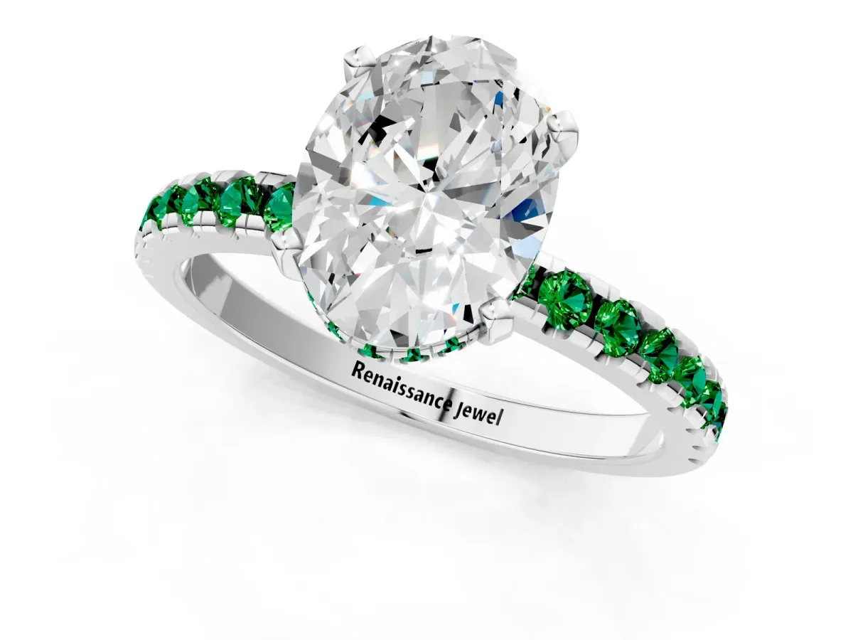 Oval Cut Diamond Solitaire Ring with Round Emerald Pavé Band and Four-Prong Setting Silver