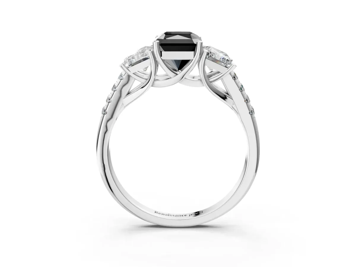 Fancy Black Three-Stone Radiant Cut Diamond Ring with Round Pavé Band and Prong Setting Silver
