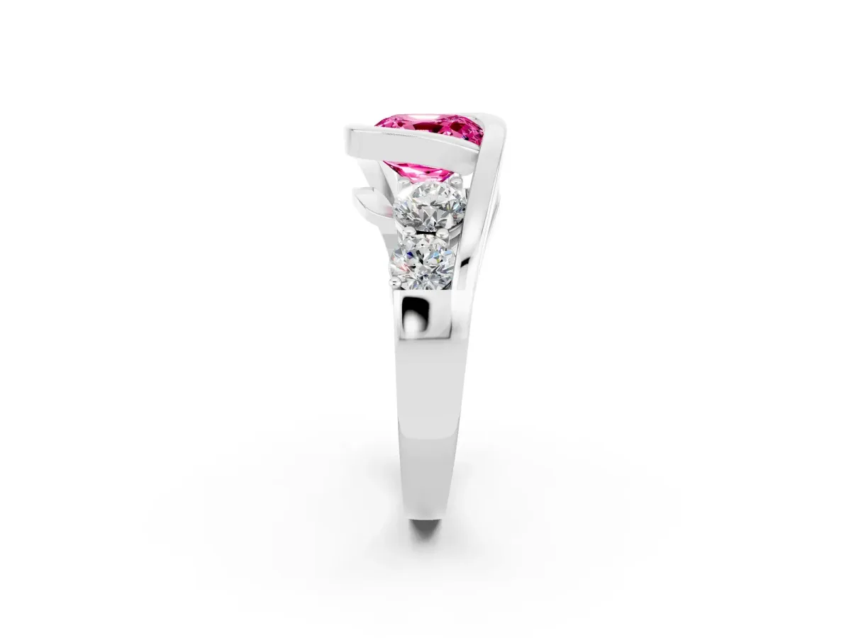 Bezel Set Cushion Cut Pink Sapphire Bypass Ring with Round Accents Silver