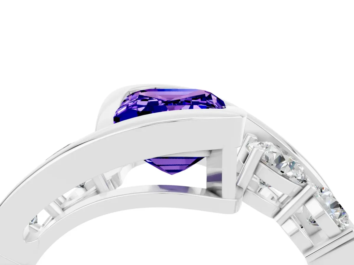 Bezel Set Emerald Cut Tanzanite Bypass Ring with Round Accents Platinum