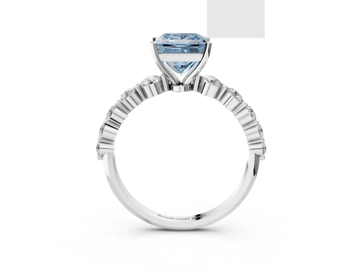 Fancy Blue Princess Cut Solitaire Diamond Ring with Pave Band and Four-Prong Setting Silver