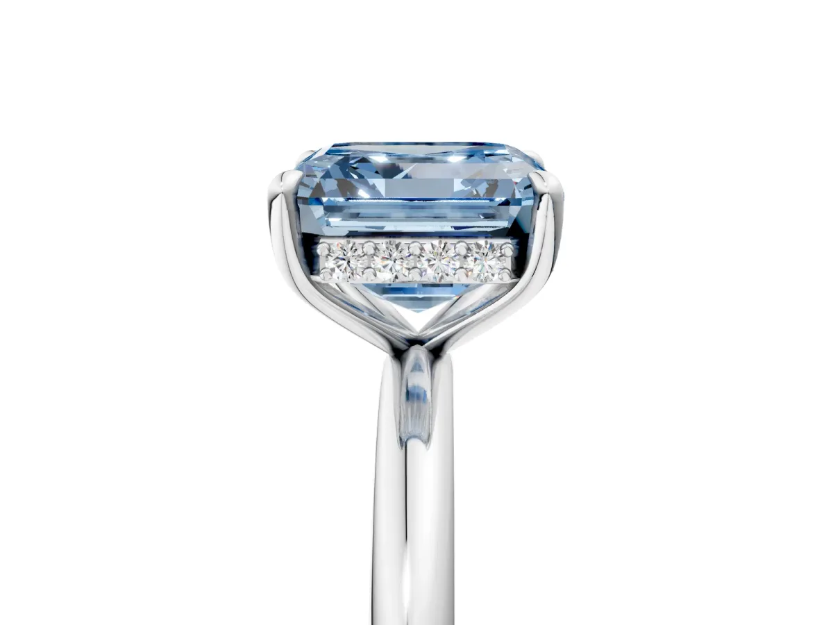 Fancy Blue Asscher Cut Diamond Solitaire Ring with Thin Band and Four-Prong Setting Platinum