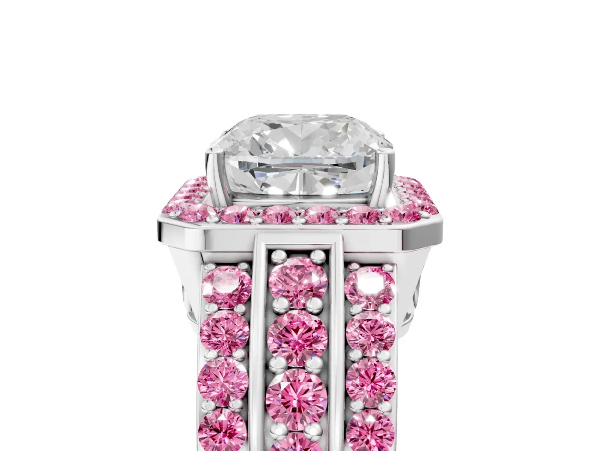 Cushion Cut Halo Diamond Ring with Round Pink Sapphire Split Shank and Prong Setting Silver
