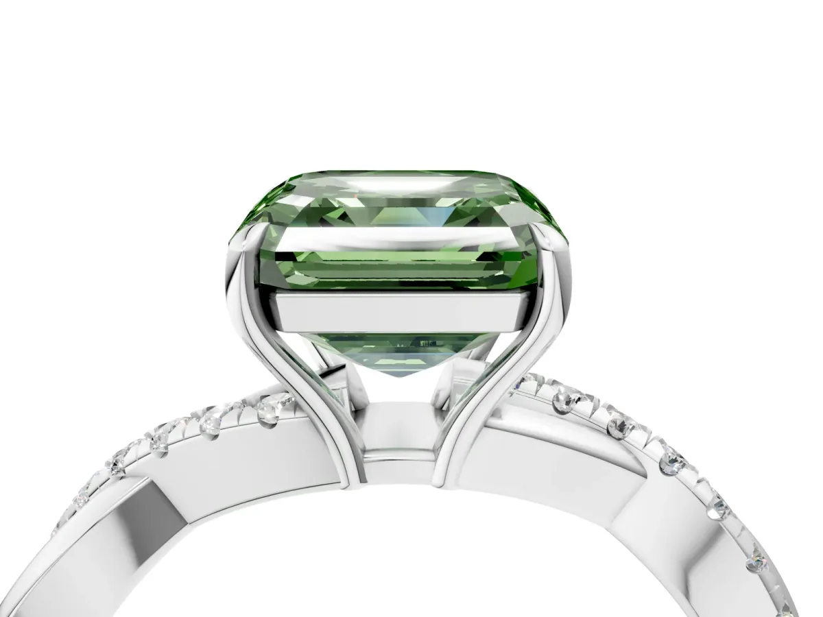 Fancy Green Asscher Cut Cut Diamond Twisted Band with Pavé Setting and Four-Prong Setting Platinum