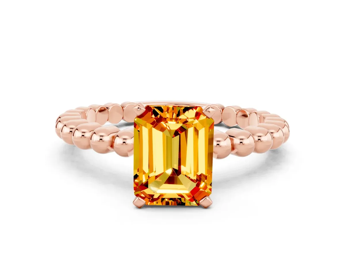 Emerald Cut Citrine Solitaire Ring with Beaded Band and Prong Setting Rose gold