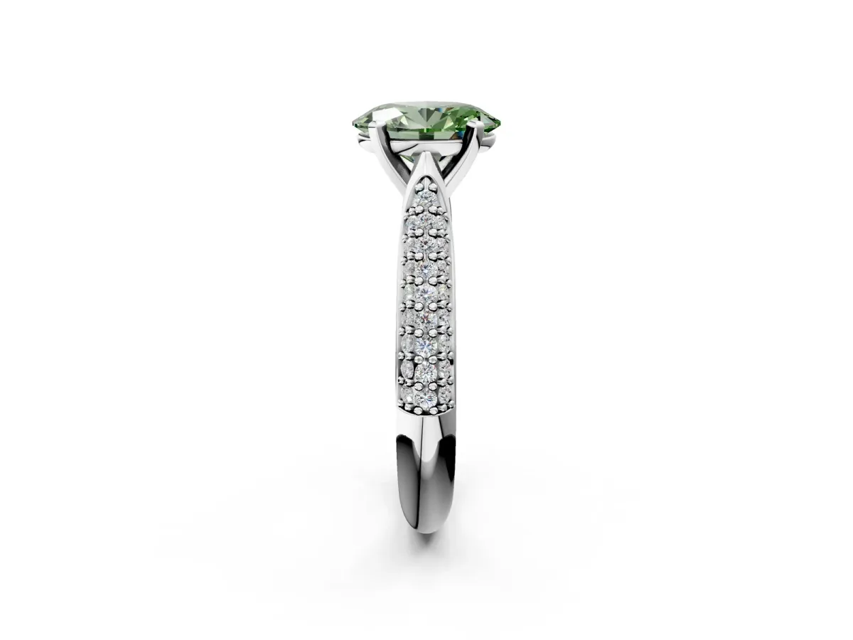 Fancy Green Oval Cut Diamond Solitaire Engagement Ring with Multi-Row Round Pavé Band and Prong Setting Silver