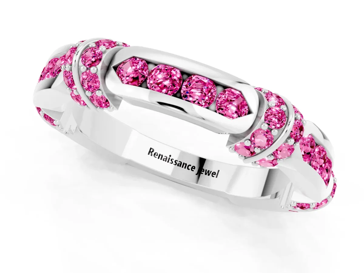 Pavé Round Pink Sapphire Link Band with Bezel Setting Platinum