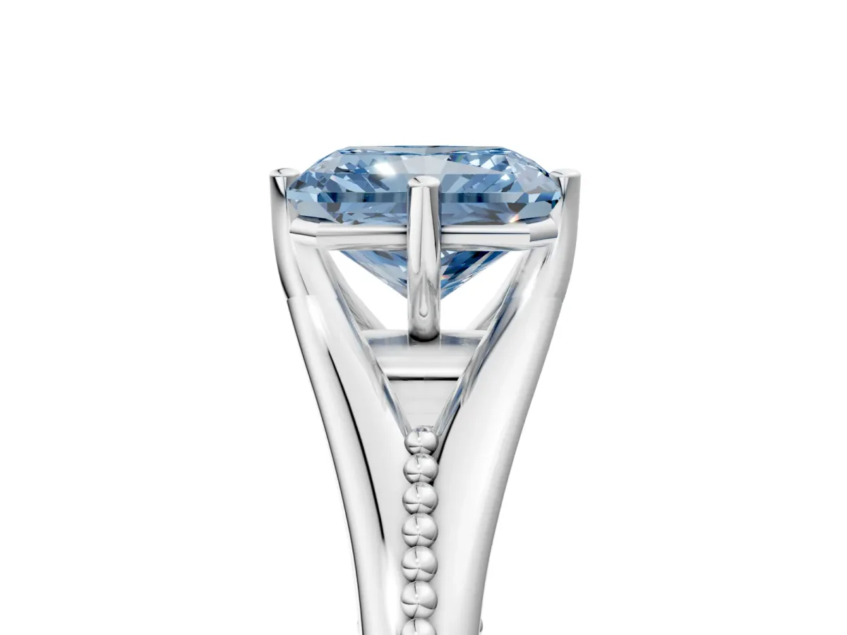 Fancy Blue Radiant Cut Solitaire Beaded Band Six-Prong Setting Platinum