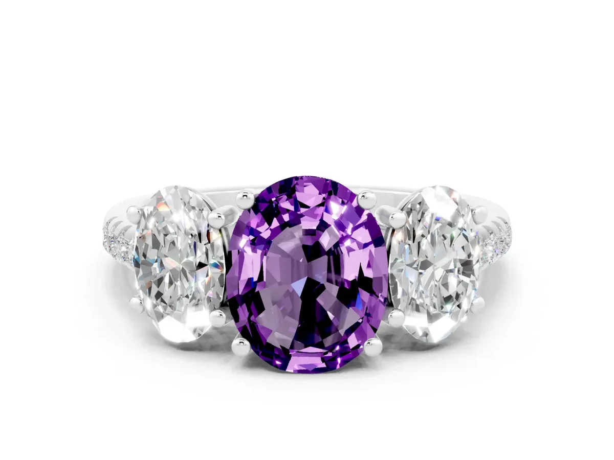 Three-Stone Oval Cut Amethyst Ring with Round Pavé Band and Prong Setting Platinum