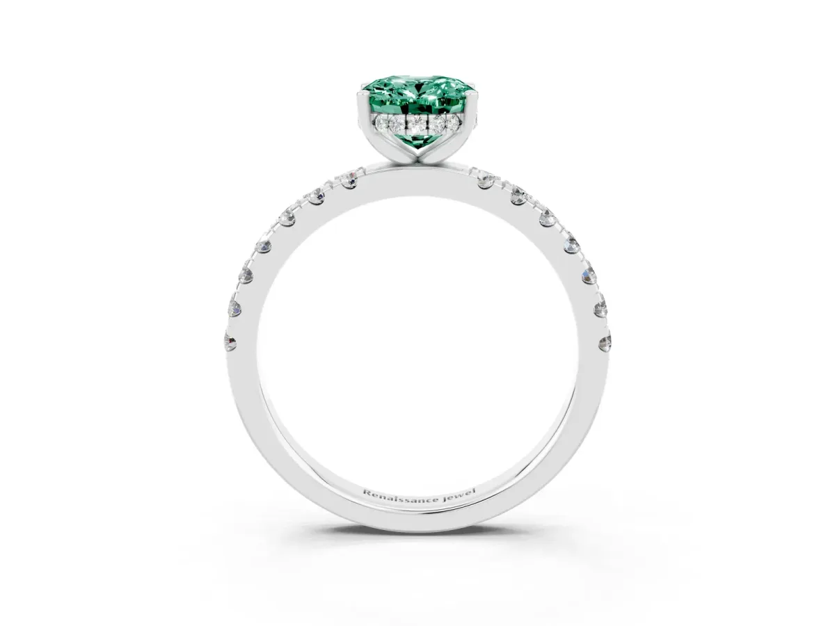 Oval Cut Green Sapphire Pave Band Solitaire Ring with Round and Prong Setting Silver