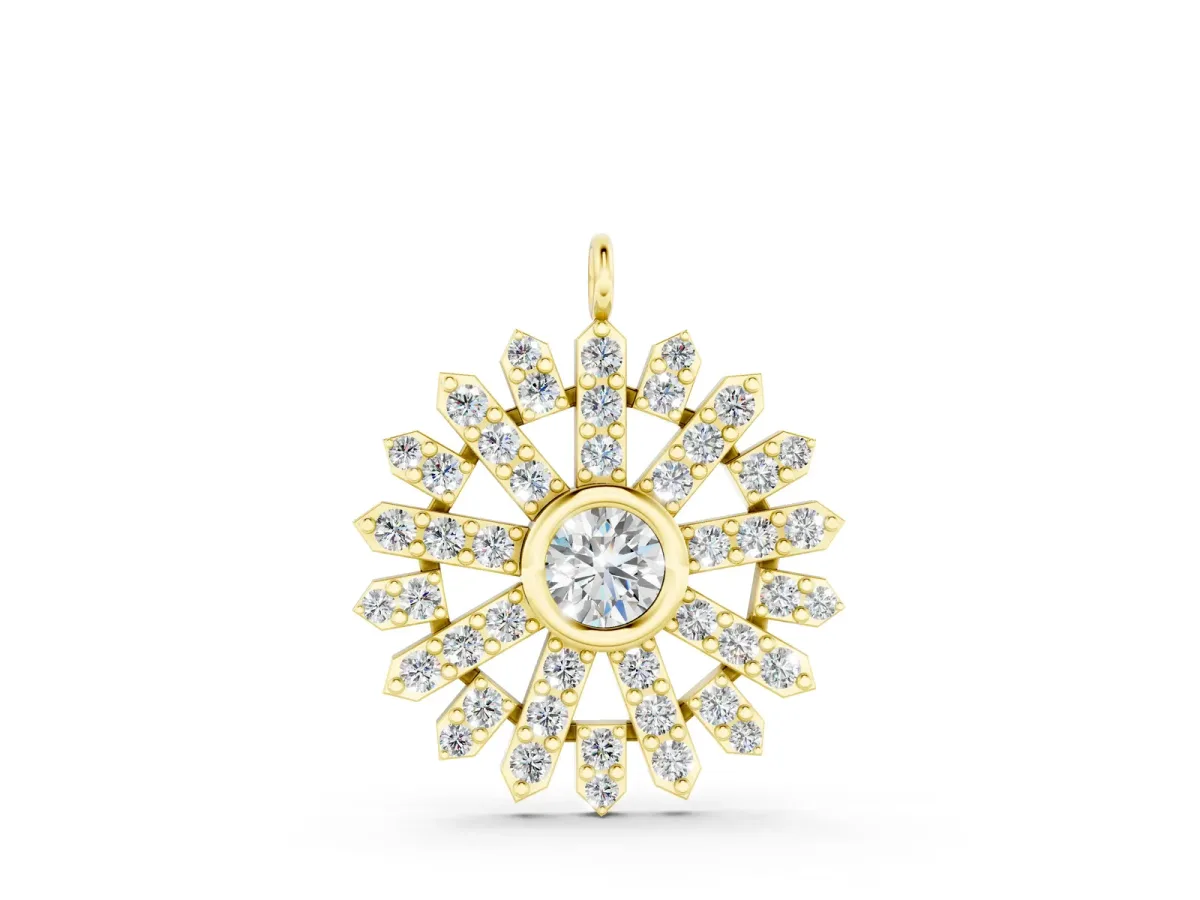 Round Diamond Snowflake Pendant with Pavé Setting Yellow gold