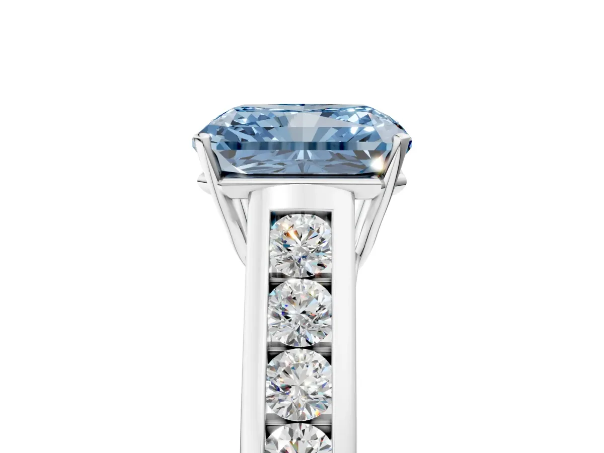 Fancy Blue Radiant Cut Solitaire Channel-Set Diamond Engagement Ring with Four-Prong Setting Platinum