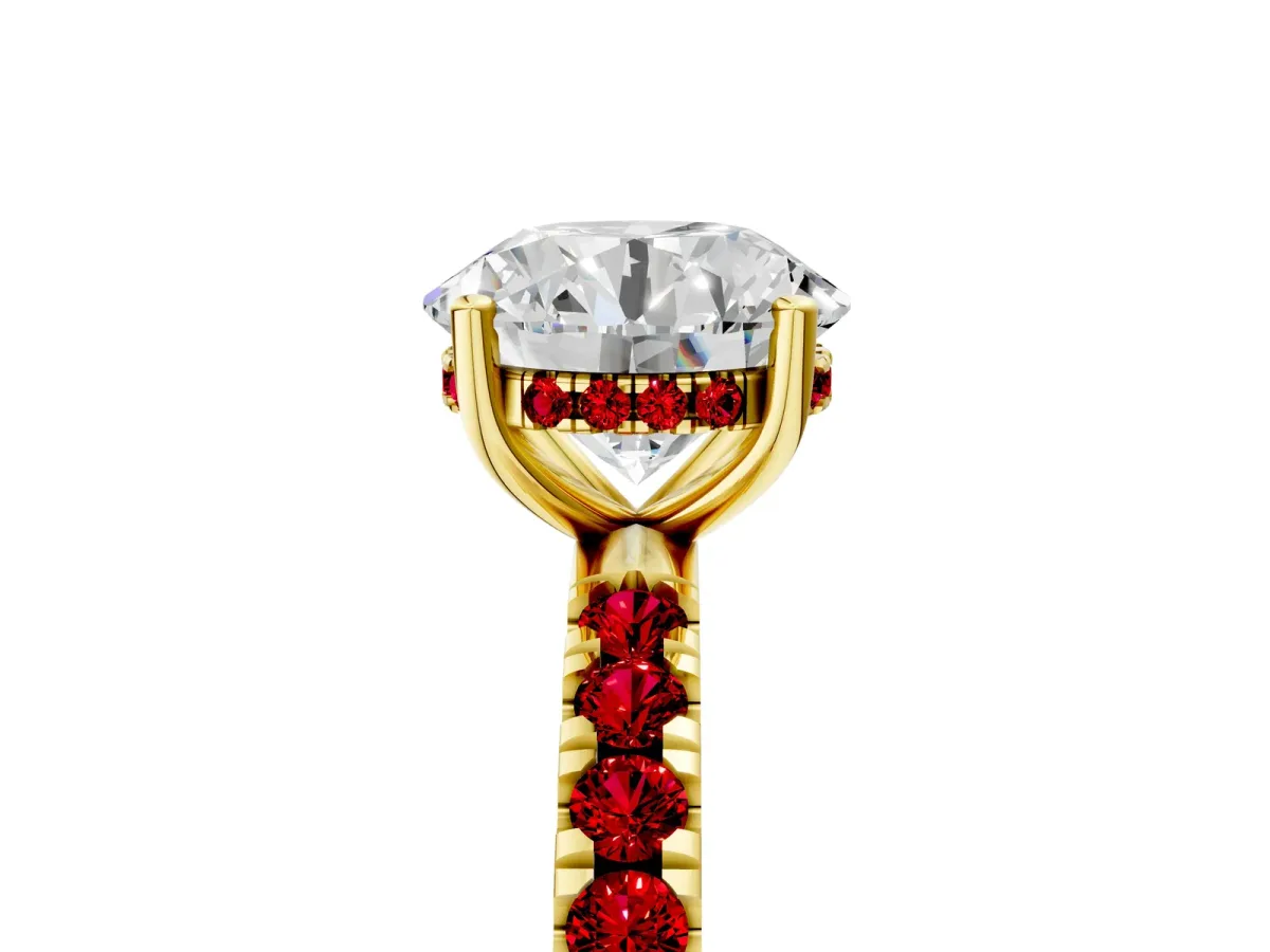 Round Cut Diamond Pave Band Solitaire Ring with Round Ruby and Prong Setting Yellow gold