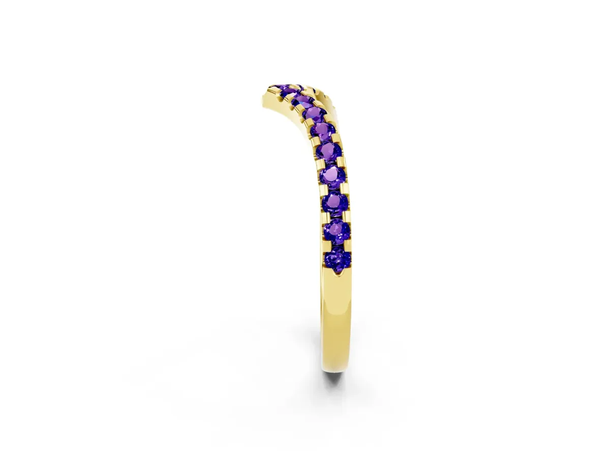 Pavé Round Tanzanite Chevron Band with Shared Prong Setting Yellow gold