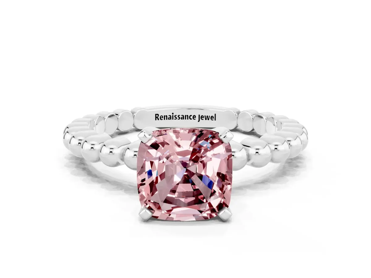 Cushion Cut Morganite Solitaire Ring with Beaded Band and Prong Setting Platinum
