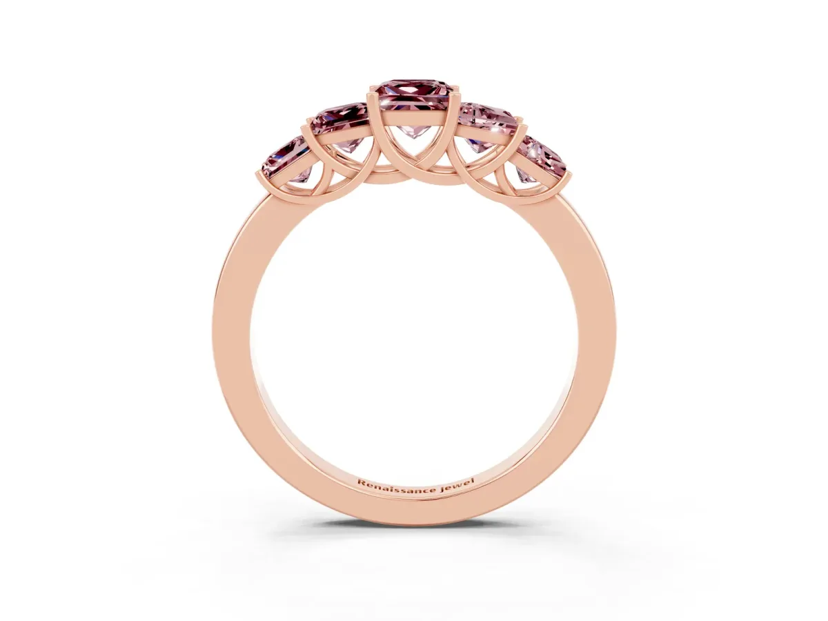 Princess Cut Five-Stone Morganite Ring with Classic Prong Setting Rose gold
