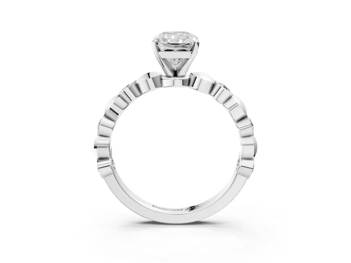 Radiant Cut Solitaire Bezel-Set Diamond Ring with Beaded Band and Four-Prong Setting Platinum
