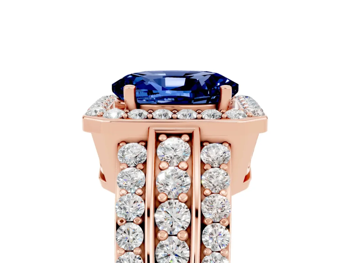 Oval Cut Halo Blue Sapphire Ring with Round Split Shank and Prong Setting Rose gold