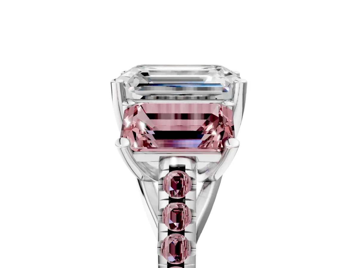 Three-Stone Emerald Cut Diamond Ring with Round Morganite Pavé Band and Prong Setting Silver