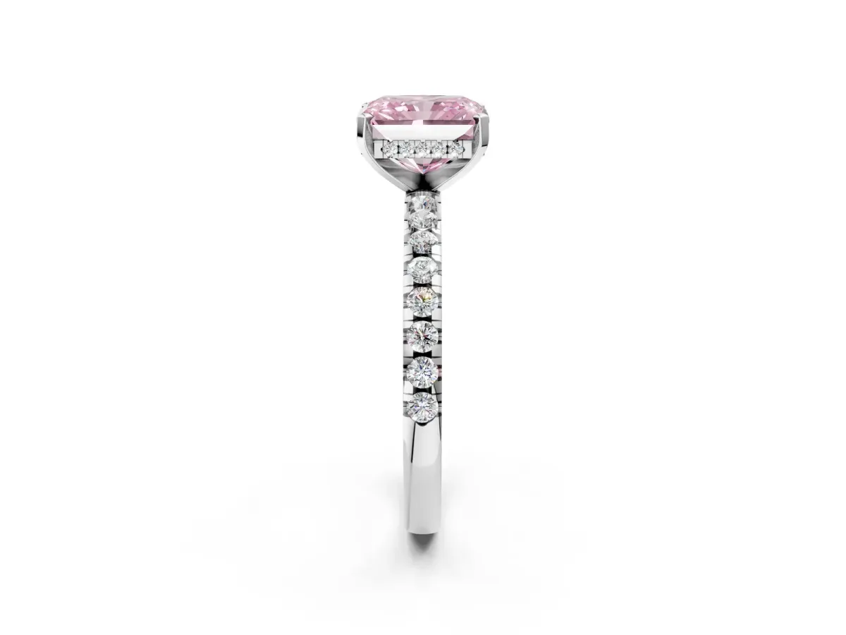 Fancy Pink Radiant Cut Diamond Solitaire Ring with Round Pavé Band and Four-Prong Setting Silver