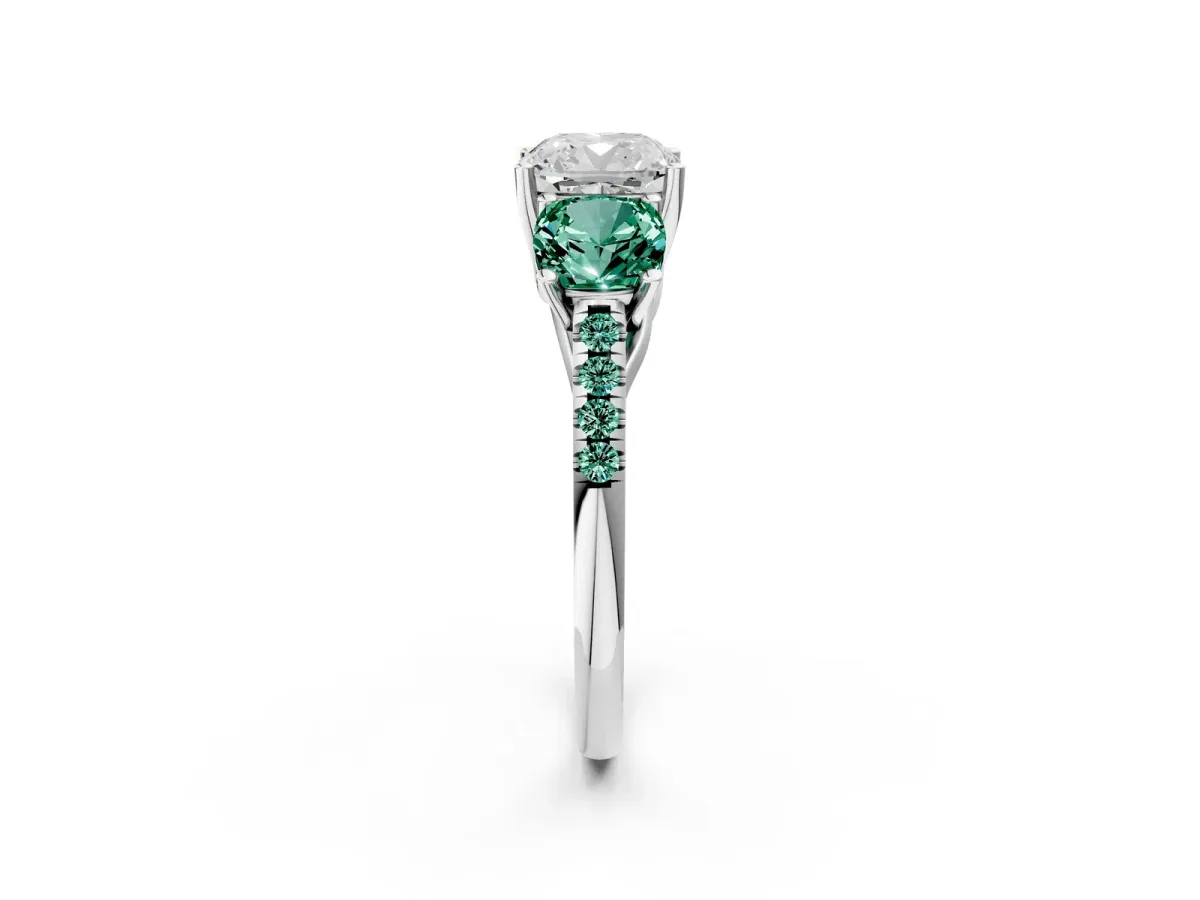 Three-Stone Cushion Cut Diamond Ring with Round Green Sapphire Pavé Band and Prong Setting Silver