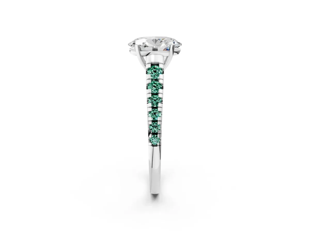 Oval Cut Diamond Cathedral Solitaire Ring with Round Green Sapphire Pavé Band Silver