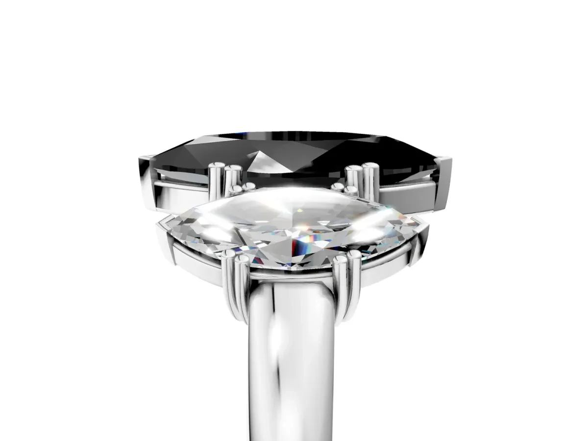 Fancy Black Three-Stone Marquise Cut Cut Diamond Ring with Channel Set Band and Four-Prong Setting Silver