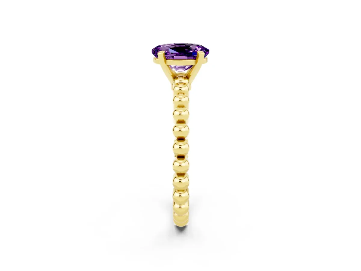 Oval Cut Amethyst Solitaire Ring with Beaded Band and Prong Setting Yellow gold