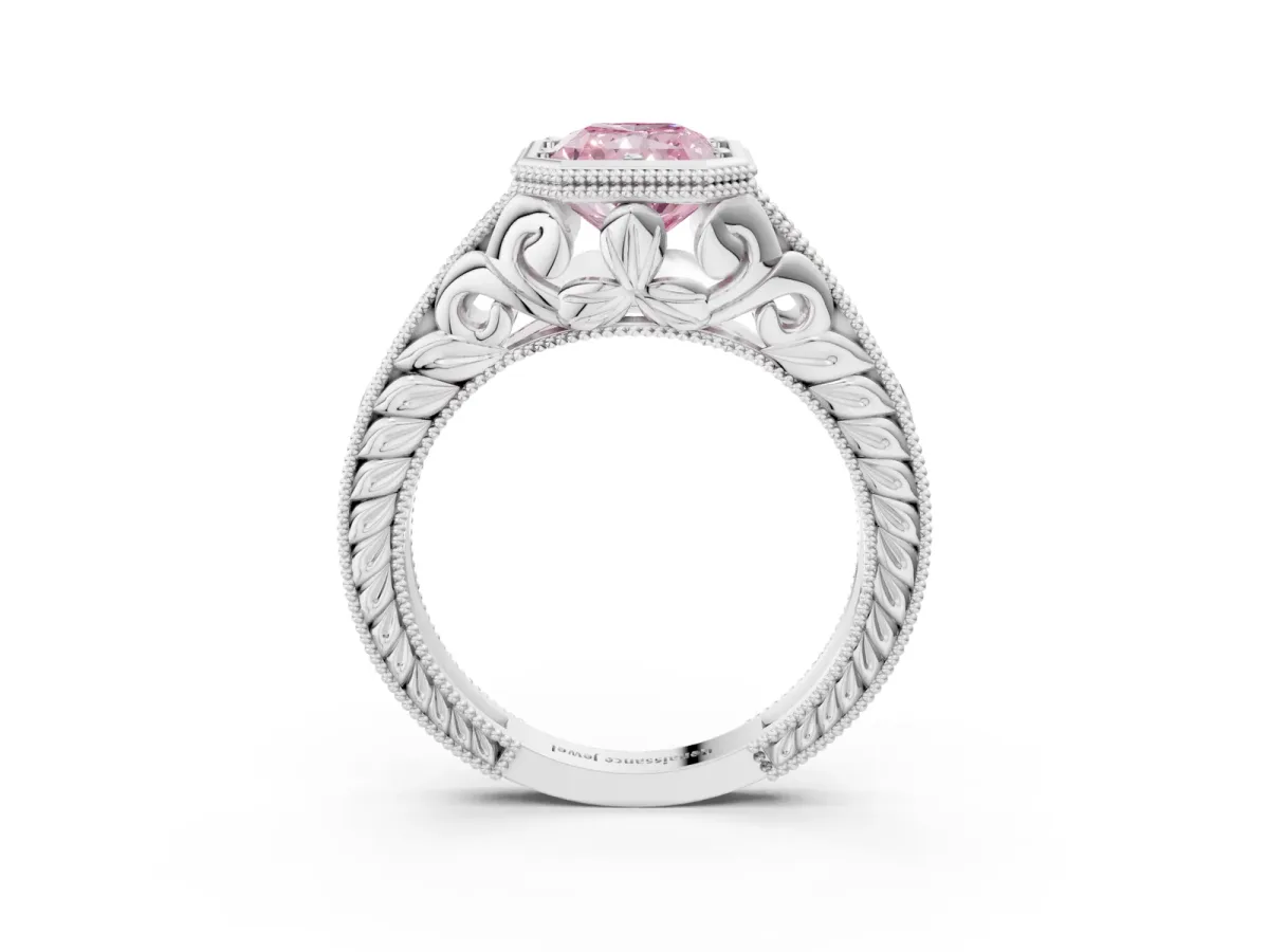 Fancy Pink Bezel Set Radiant Cut Diamond Milgrain Pave Engagement Ring Platinum