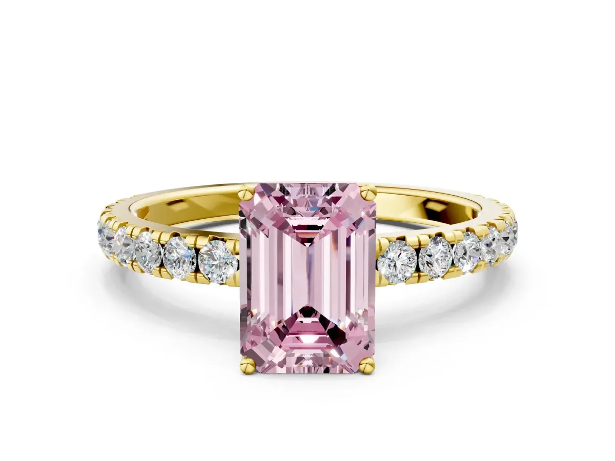 Fancy Pink Emerald Cut Diamond Pavé Solitaire Engagement Ring with Four-Prong Setting Yellow gold