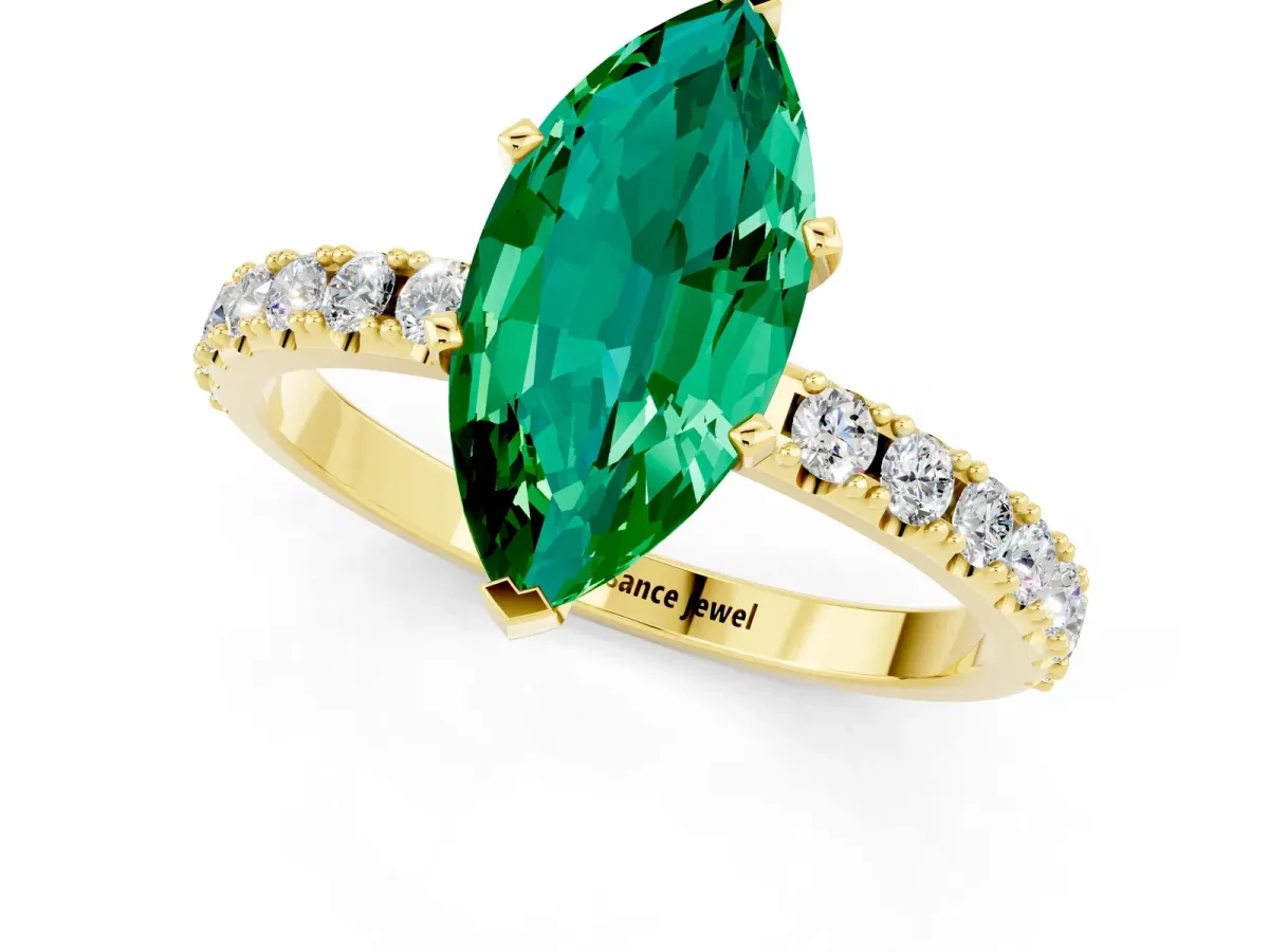 Marquise Cut Emerald Solitaire Pavé Band with Four-Prong Setting Yellow gold