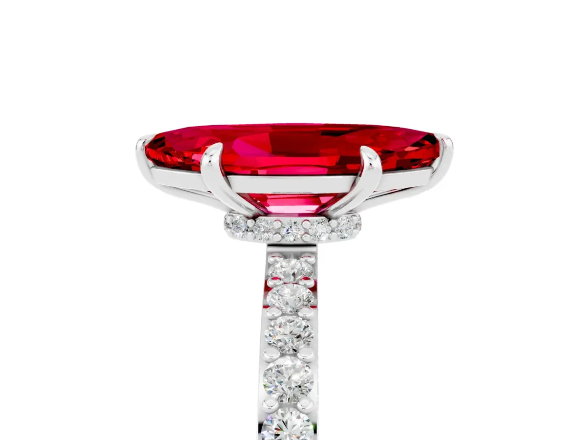 Marquise Cut Ruby Solitaire Engagement Ring with Pavé Band and Four-Prong Setting White gold
