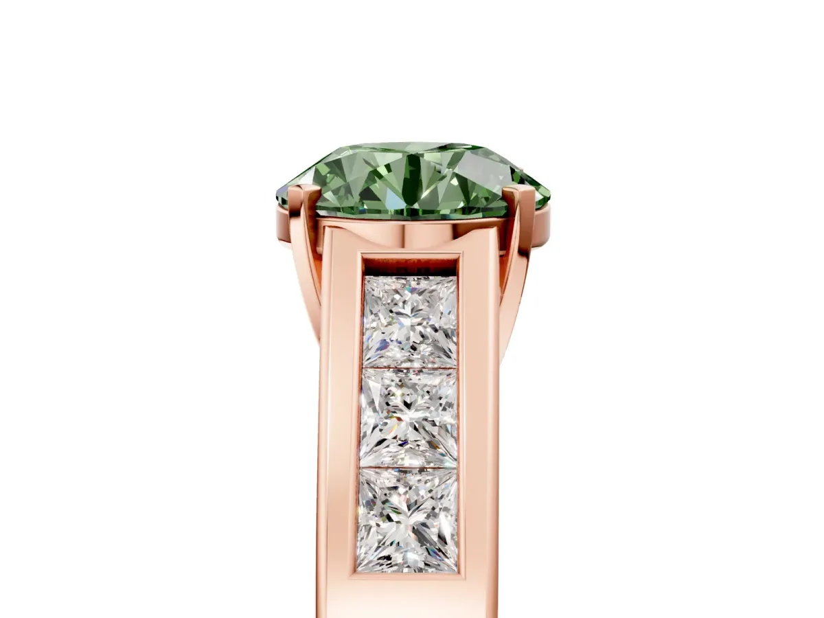 Fancy Green Round Cut Cut Channel Set Solitaire Ring with Four-Prong Setting Rose gold
