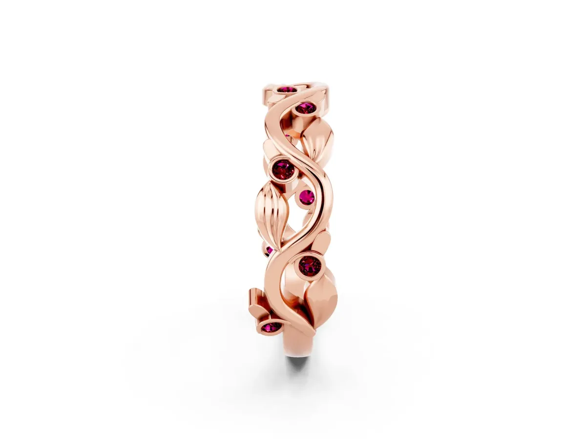 Round Garnet Leaf Eternity Band with Bezel Setting Rose gold