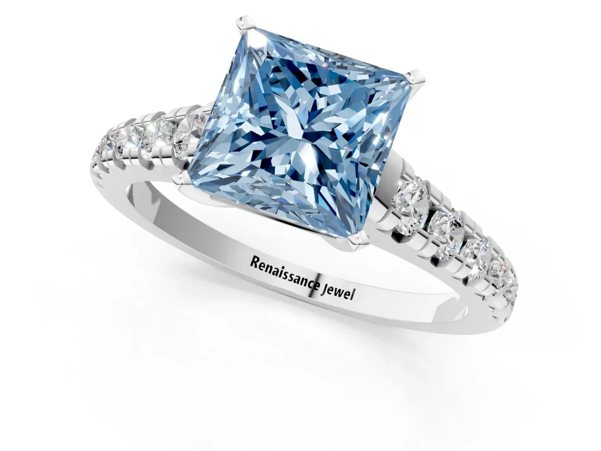 Fancy Blue Princess Cut Diamond Cathedral Solitaire Ring with Round Pavé Band Silver