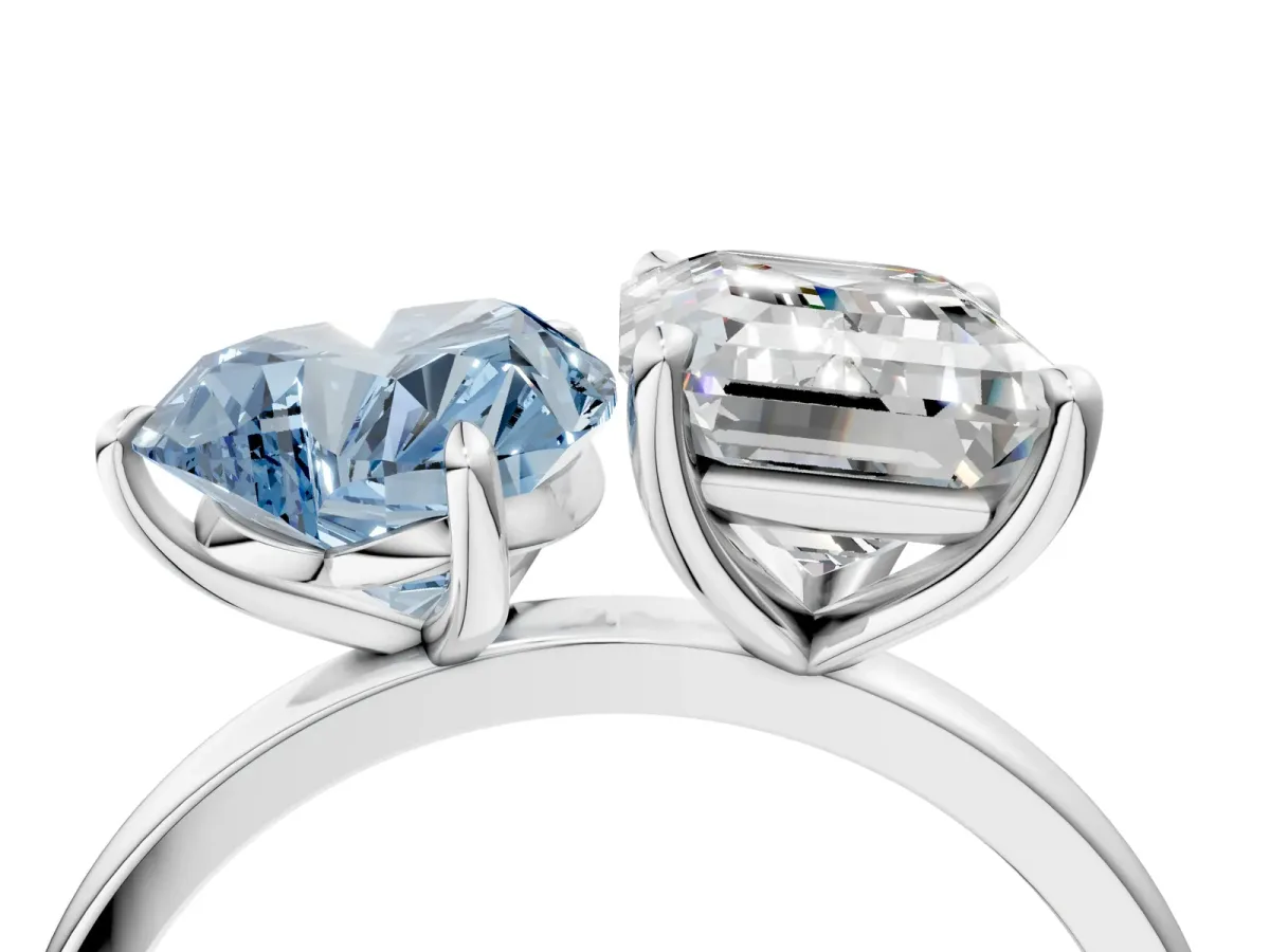 Fancy Blue Heart Cut and Emerald Cut Toi Moi Ring with Prong Setting White gold