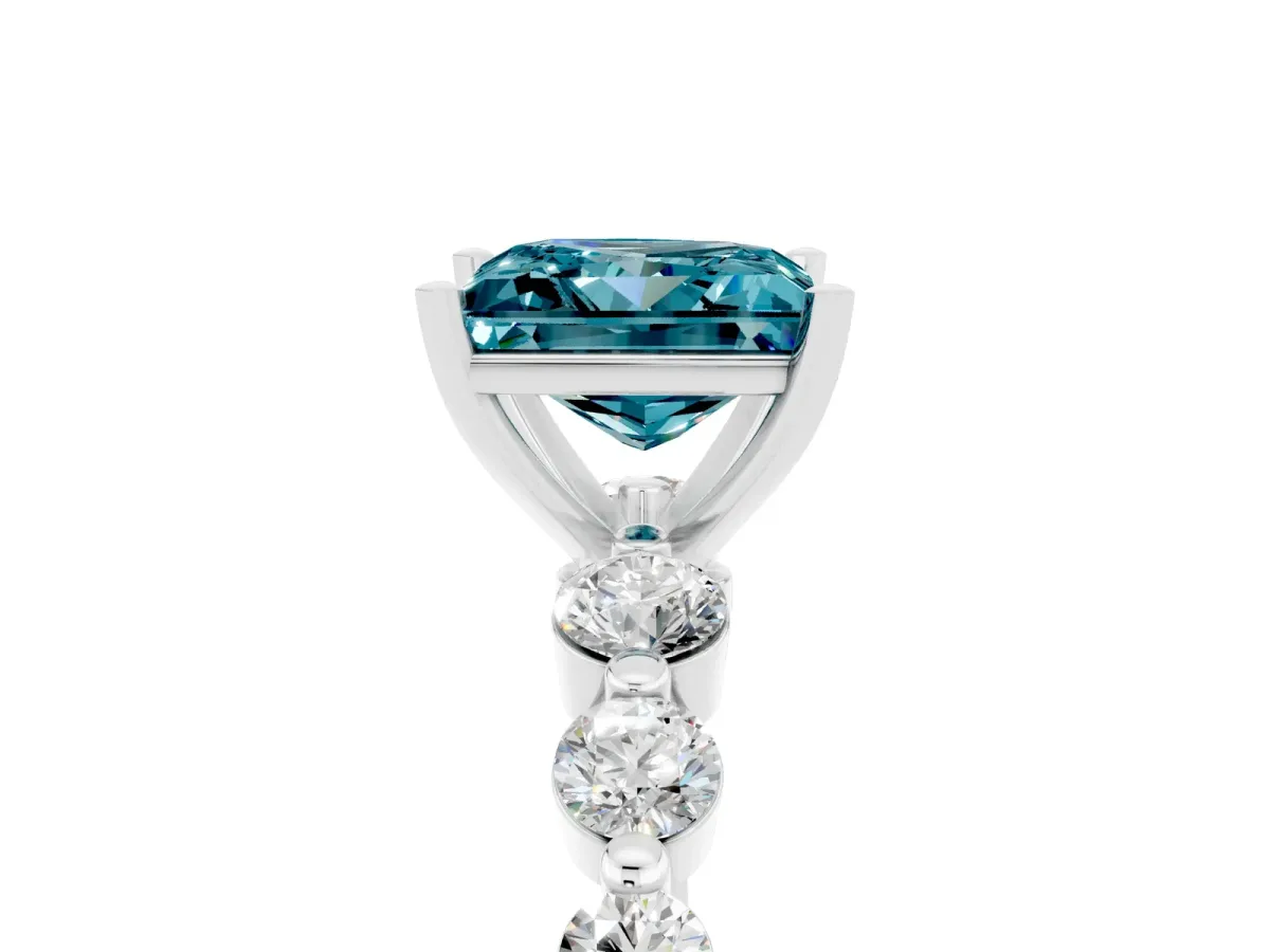 Princess Cut Solitaire Blue Topaz Ring with Pave Band and Four-Prong Setting Silver
