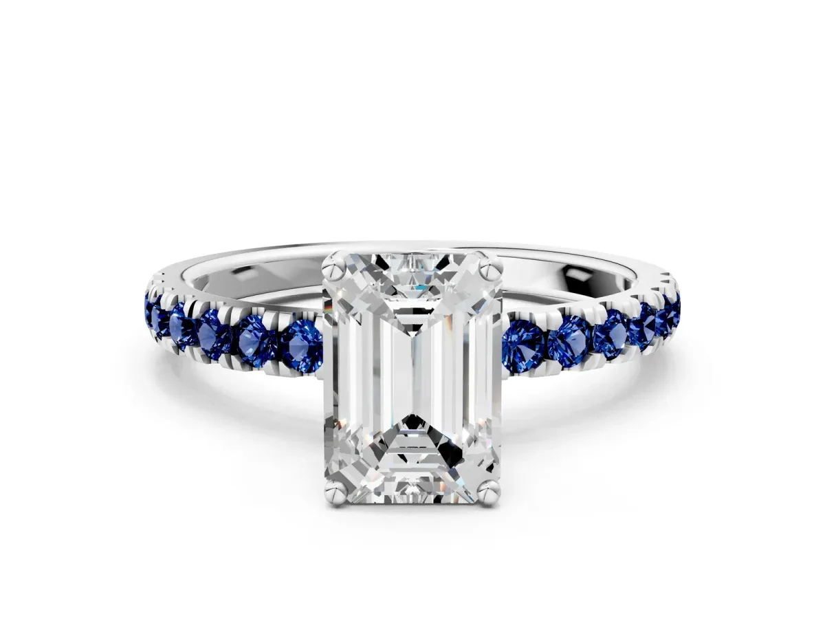 Emerald Cut Diamond Pave Band Solitaire Ring with Round Blue Sapphire and Prong Setting Silver