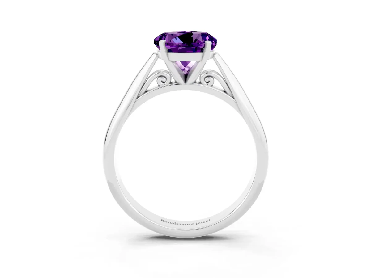 Round Cut Amethyst Solitaire Engagement Ring with Cathedral Setting and Four-Prong Mount White gold