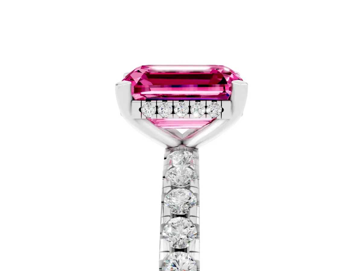 Emerald Cut Pink Sapphire Solitaire Ring with Round Pavé Band and Four-Prong Setting Silver