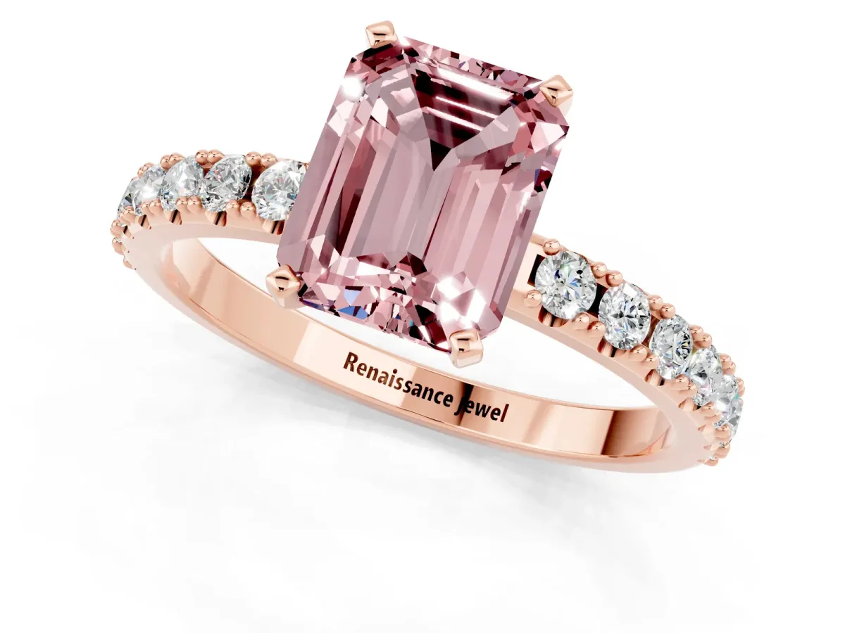 Emerald Cut Morganite Solitaire Pavé Band with Four-Prong Setting Rose gold