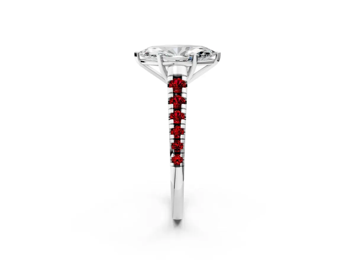 Marquise Cut Diamond Cathedral Solitaire Ring with Round Ruby Pavé Band Silver