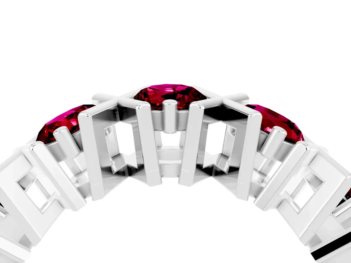 Round Garnet Channel Set Band with X-Prong Detail Silver