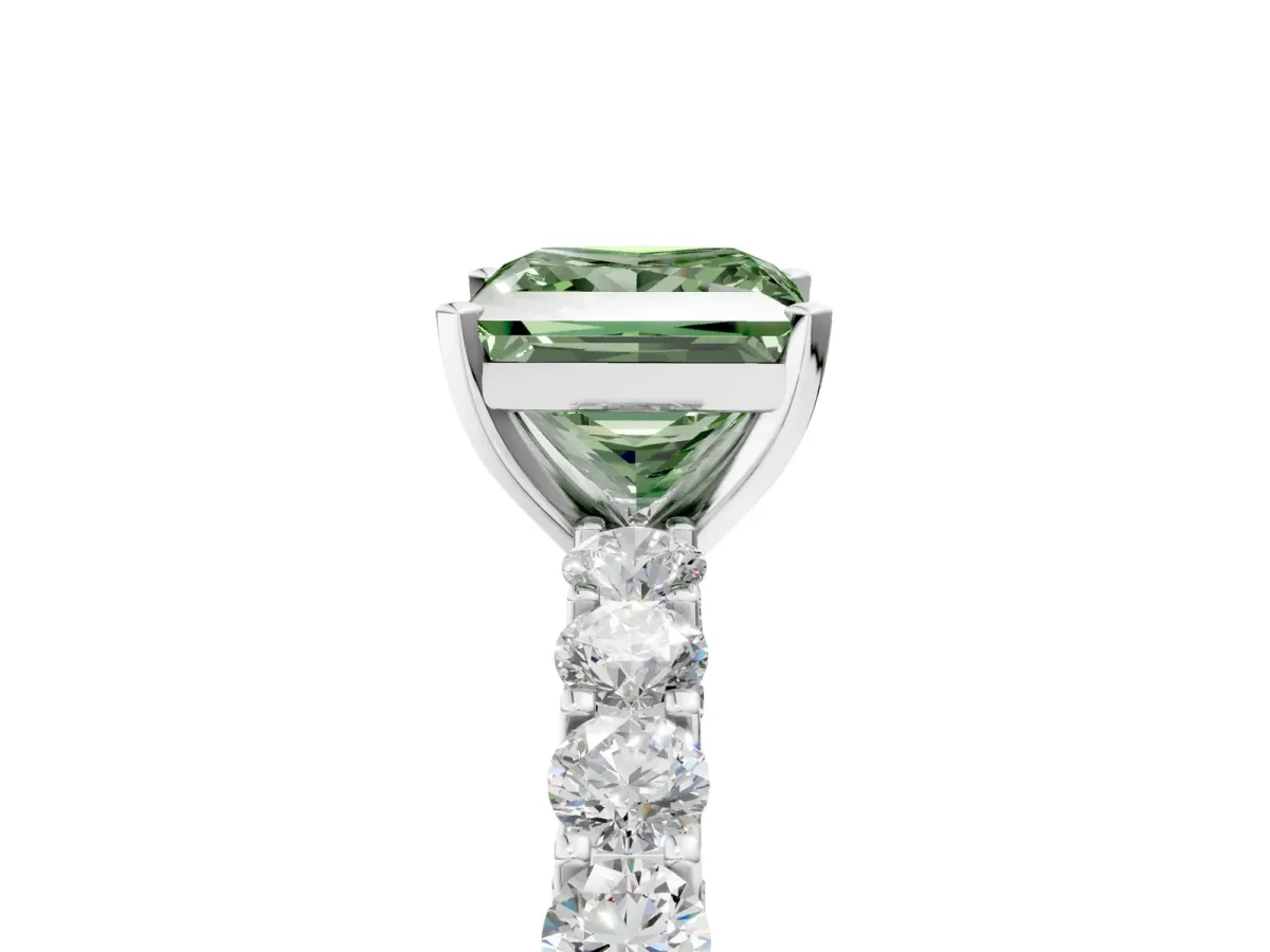 Fancy Green Princess Cut Diamond Solitaire Ring with Shared Prong Pavé Band and Four-Prong Setting Silver