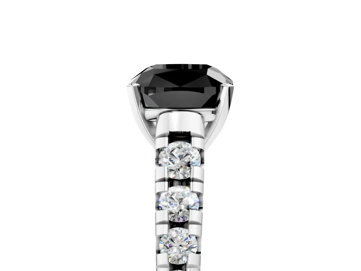 Fancy Black Cushion Cut Diamond Cathedral Solitaire Ring with Round Pavé Band Silver