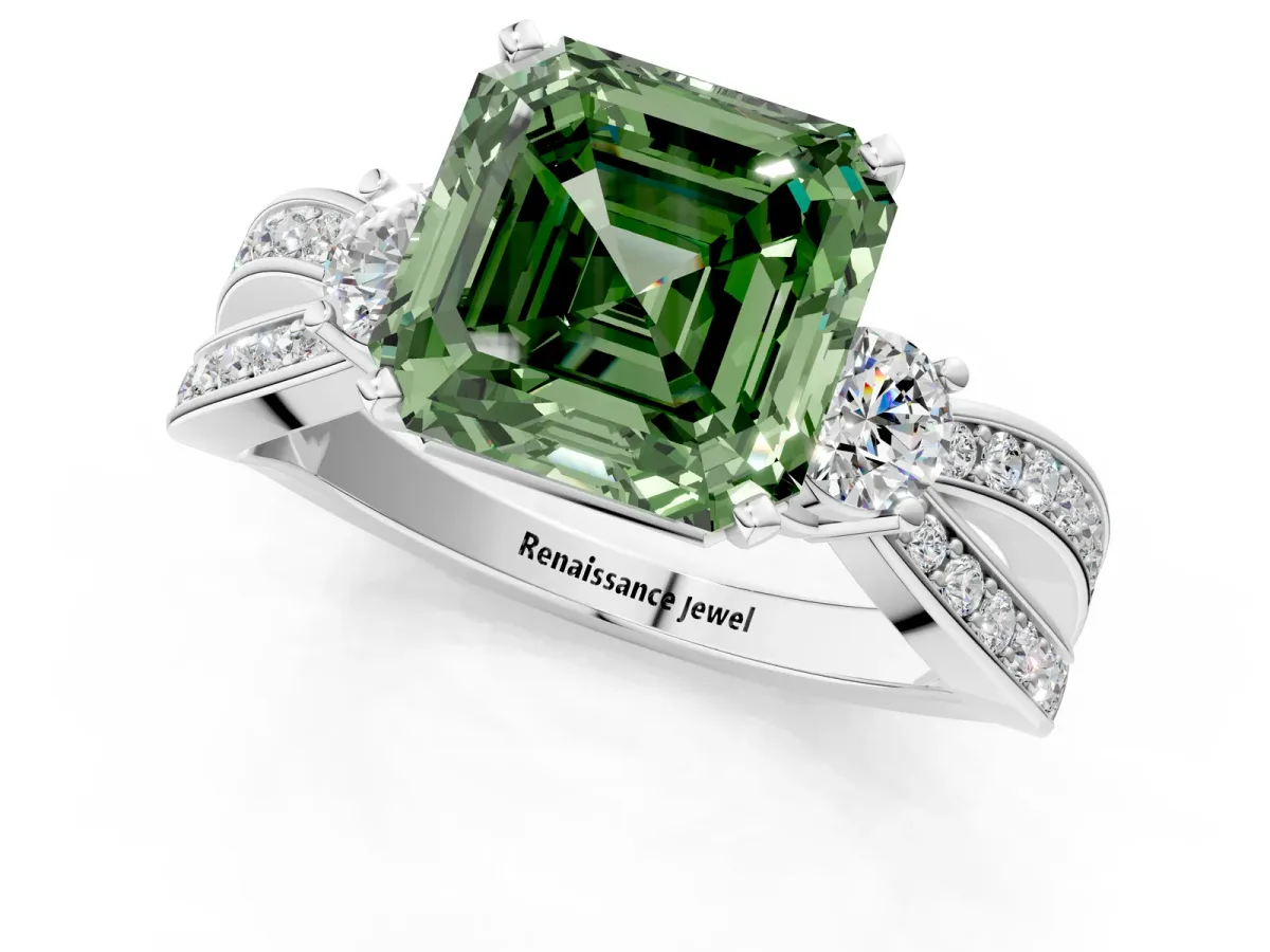 Fancy Green Three-Stone Asscher Cut Cut Diamond Twist Band with Prong Setting Platinum