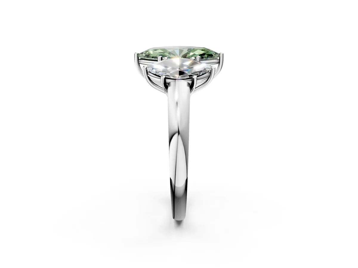 Fancy Green Marquise Cut Diamond Three-Stone Ring with Four-Prong Setting and Classic Band Platinum