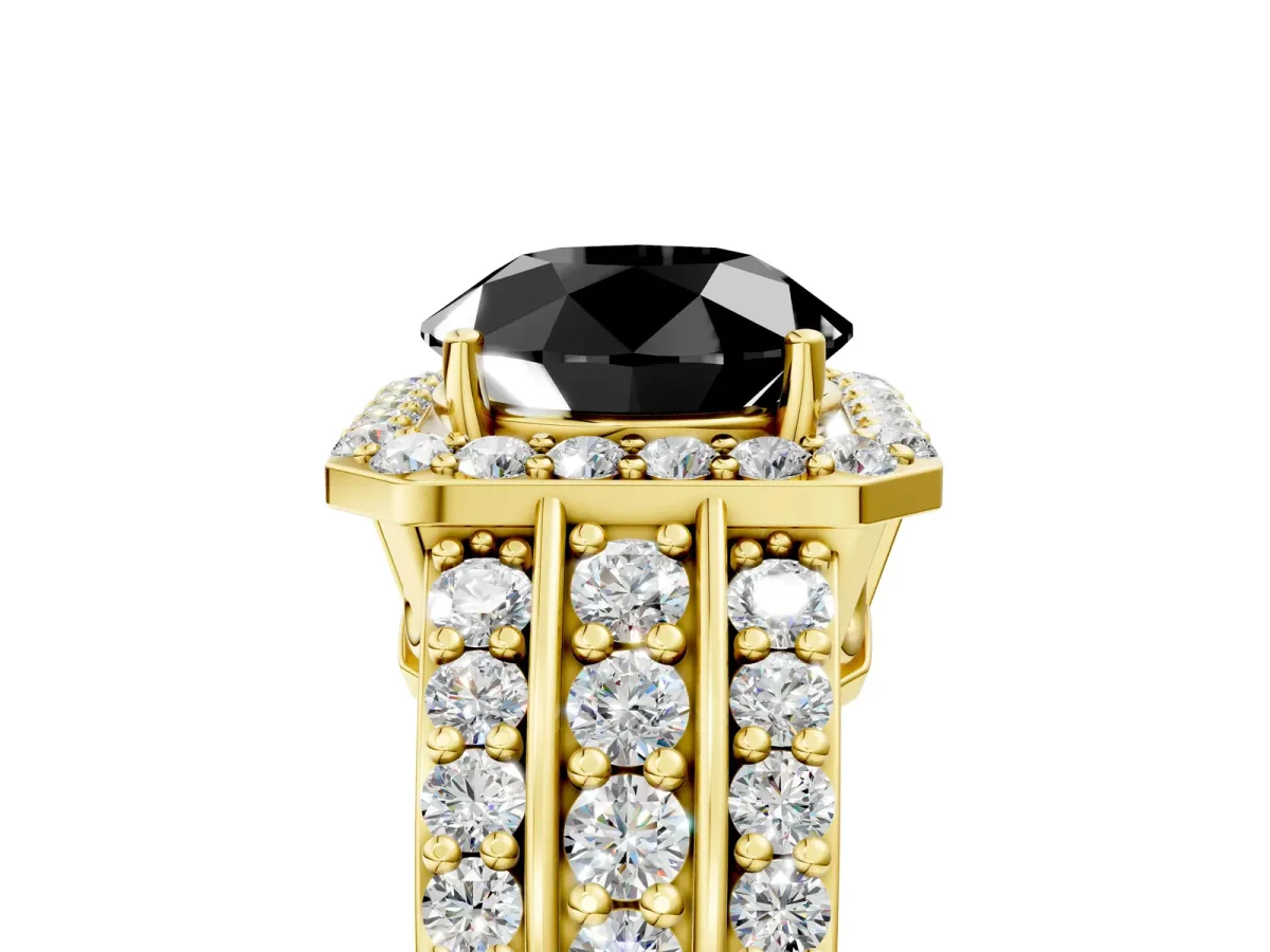 Fancy Black Round Cut Halo Diamond Ring with Round Split Shank and Prong Setting Yellow gold
