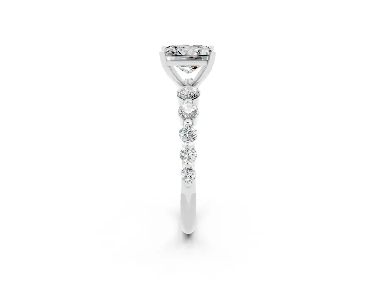 Princess Cut Solitaire Moissanite Ring with Pave Band and Four-Prong Setting Silver